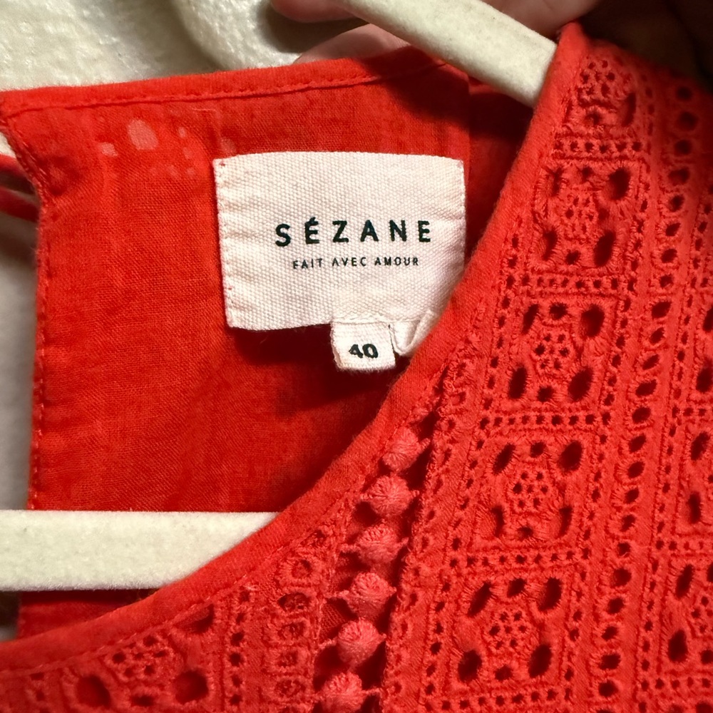 Sézane Coral Eyelet Lace Peplum Top Red Orange Cotton Blouse Size 40